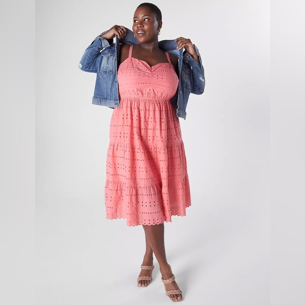 Lane Bryant pink eyelet sweetheart midi dress size 14 feminine coquette colorful